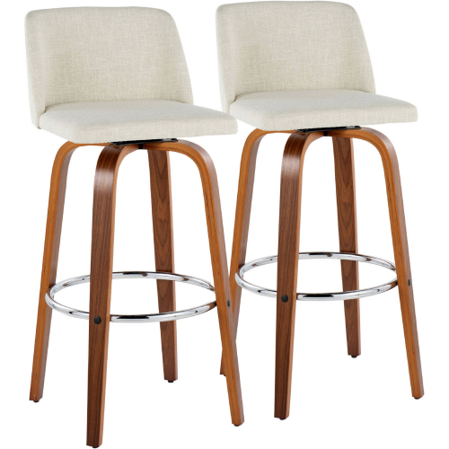 Toriano 30" Swivel Bar Stool in Walnut Wood & Cream Fabric w/ Chrome Footrest (Set of 2)